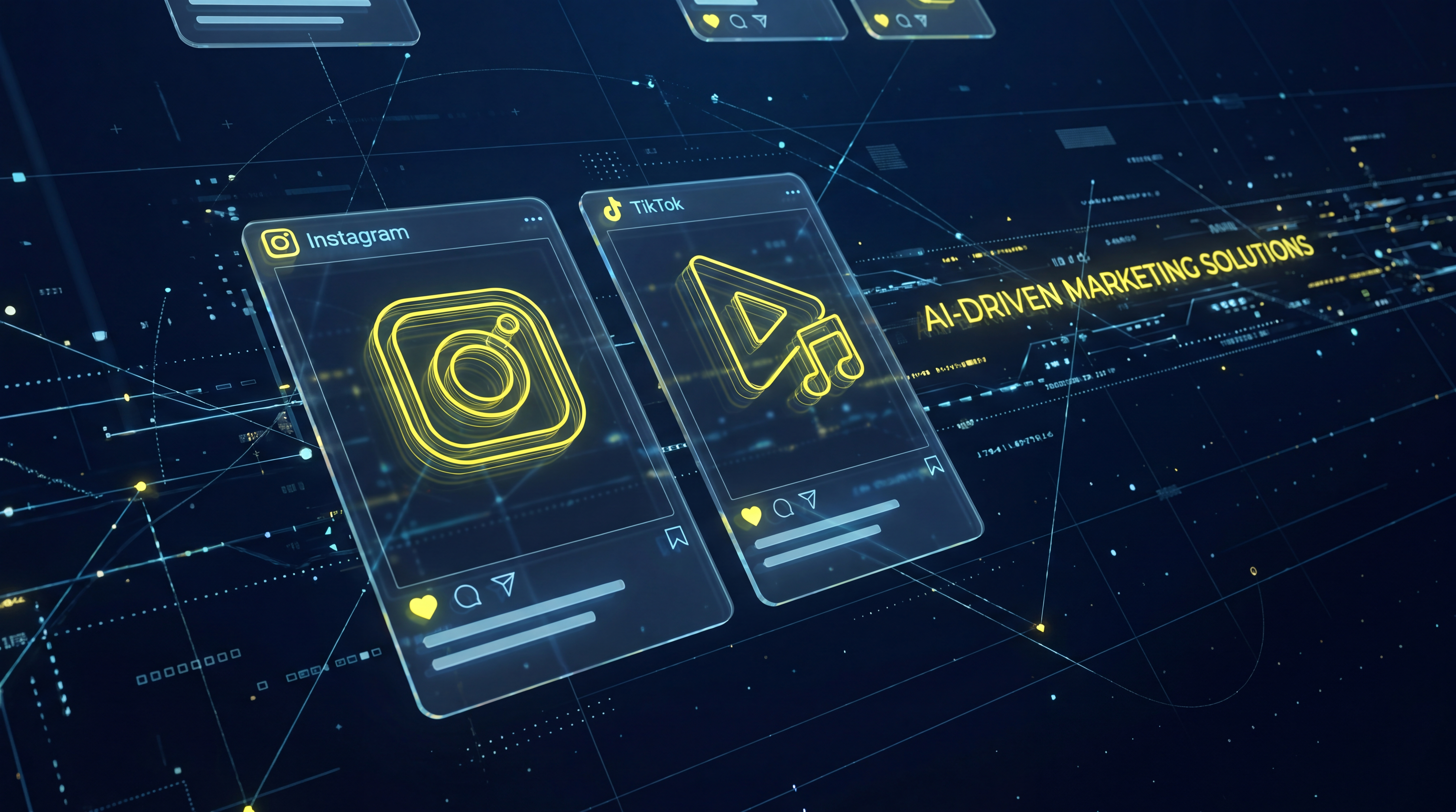 Floating social media cards with electric yellow icons