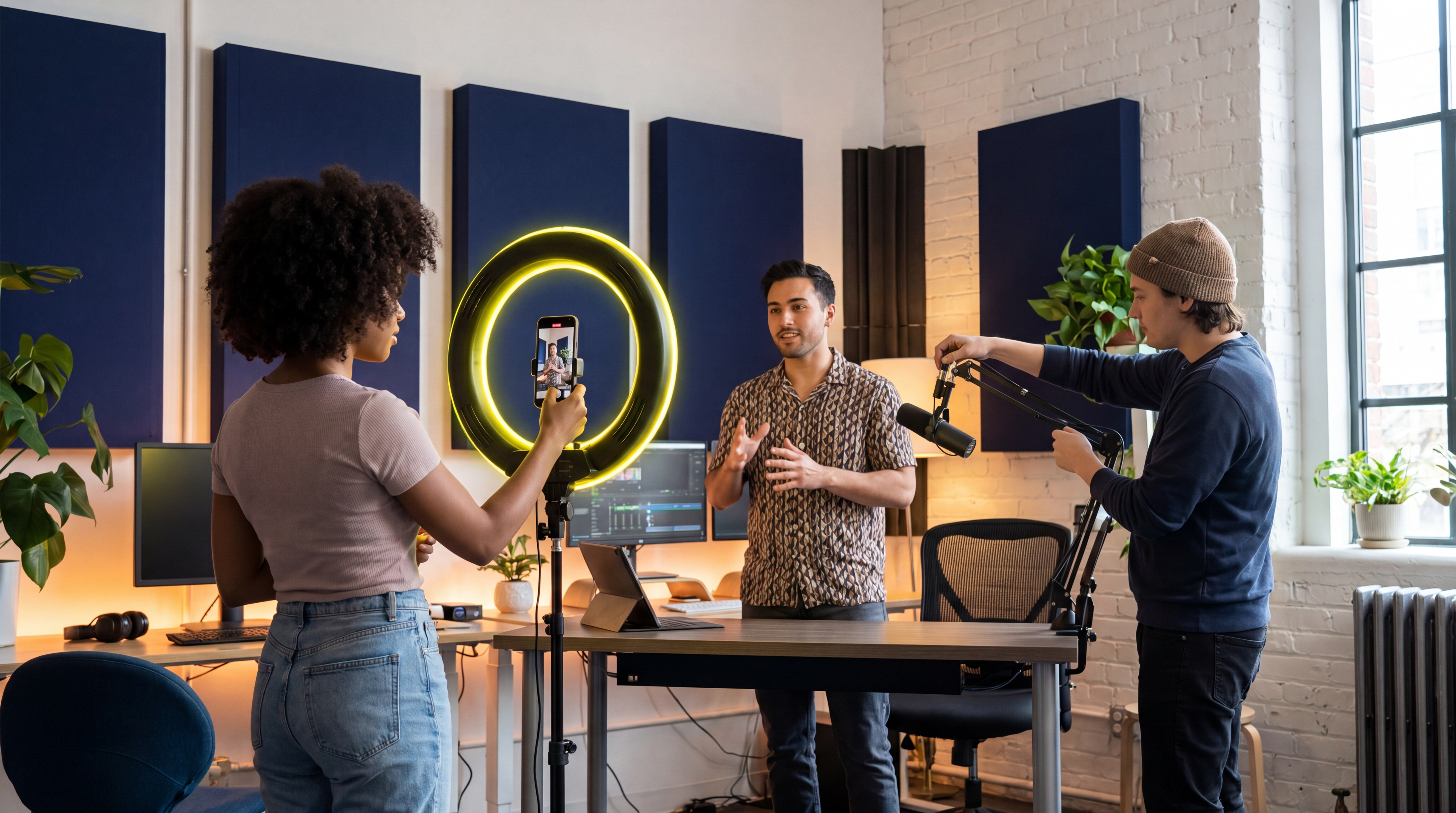 Diverse young creators filming with smartphone in modern studio