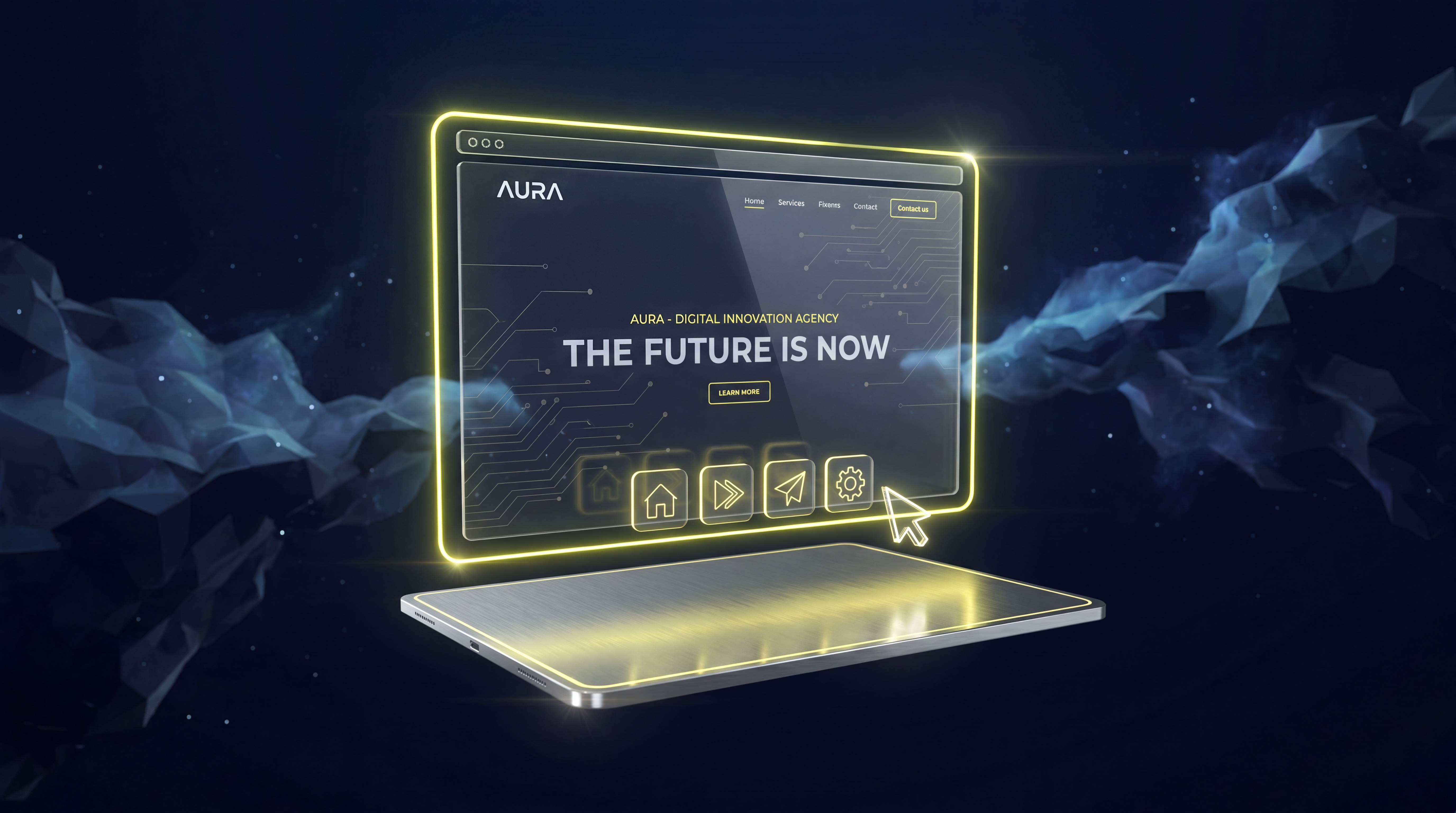 Futuristic website interface mockup floating in dark space