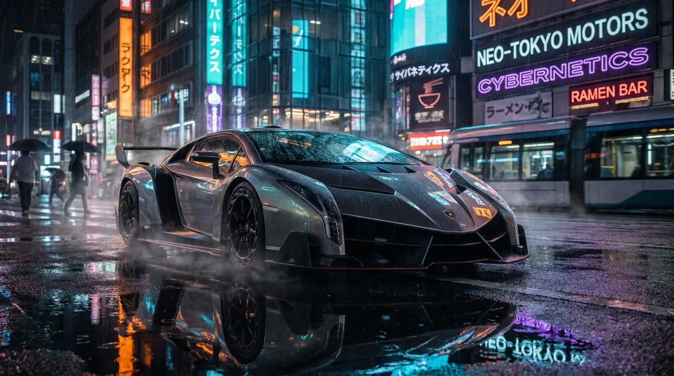 Veneno on a rain-soaked street at night